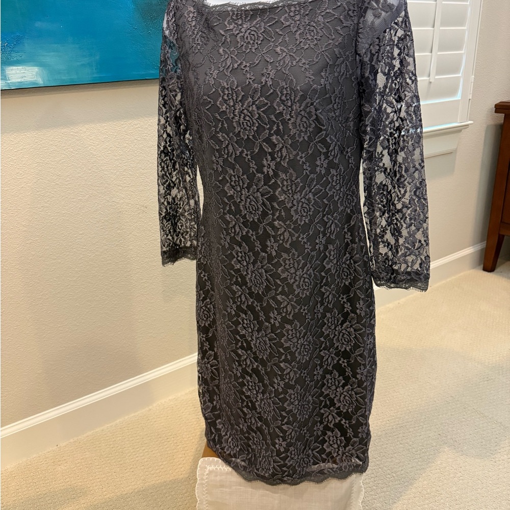 Adrianna Papell Charcoal Lace Long Sleeve Dress